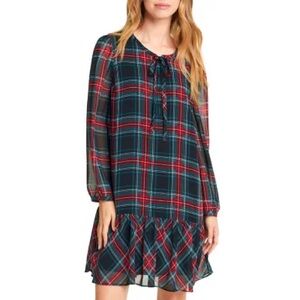 Draper James Plaid Long Sleeve Flounce Ruffle Hem Shift Dress Tie Neck